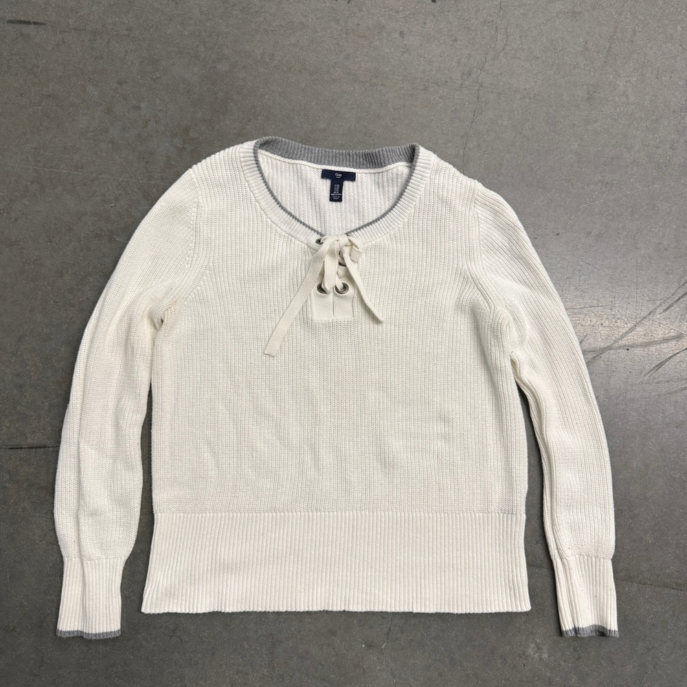Gap Womens XL Cream White Lace Up Front Ribbed Knit Sweater Grey Trim 3512